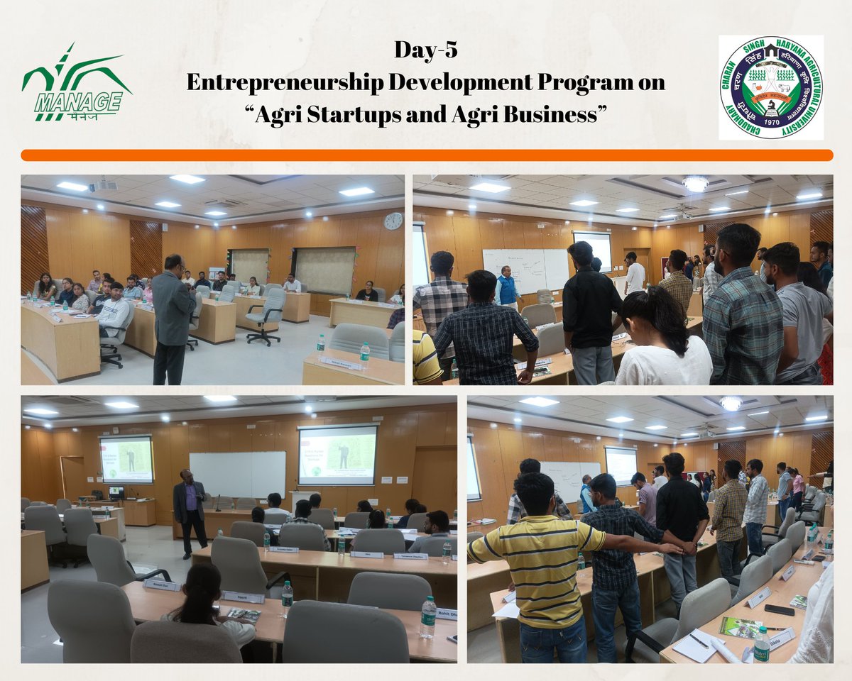 Manage is hosting a 10-day #Entrepreneurship Development #Training Program for the BSc #agriculture students of @ccshauHISAR Day 5 of the Entrepreneurship Development Program, the discussion covered the business model canvas, process of developing a robust business plan.