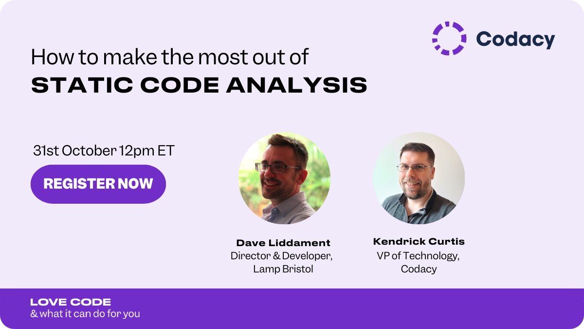 codacy's tweet image. LAST CALL! 📣

Register now so you don&apos;t miss today&apos;s &quot;Static Code Analysis&quot; webinar!

go.codacy.com/lp/webinar-1

#staticcodeanalysis #codequality #codesecurity