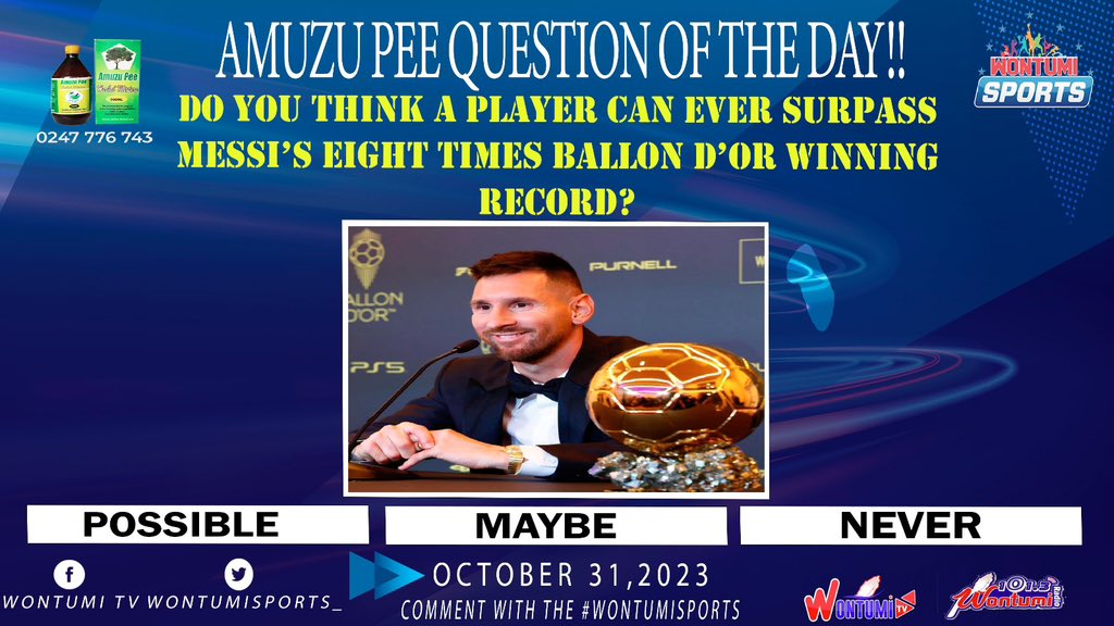 QUESTION OF THE DAY!!

DO YOU THINK A PLAYER CAN EVER SURPASS MESSI’S EIGHT TIMES BALLON D’OR WINNING RECORD?🤔

A. POSSIBLE 
B. MAYBE 
C. NEVER 

COMMENT WITH THE HASHTAG #WontumiSports FOR VALIDITY.🔥