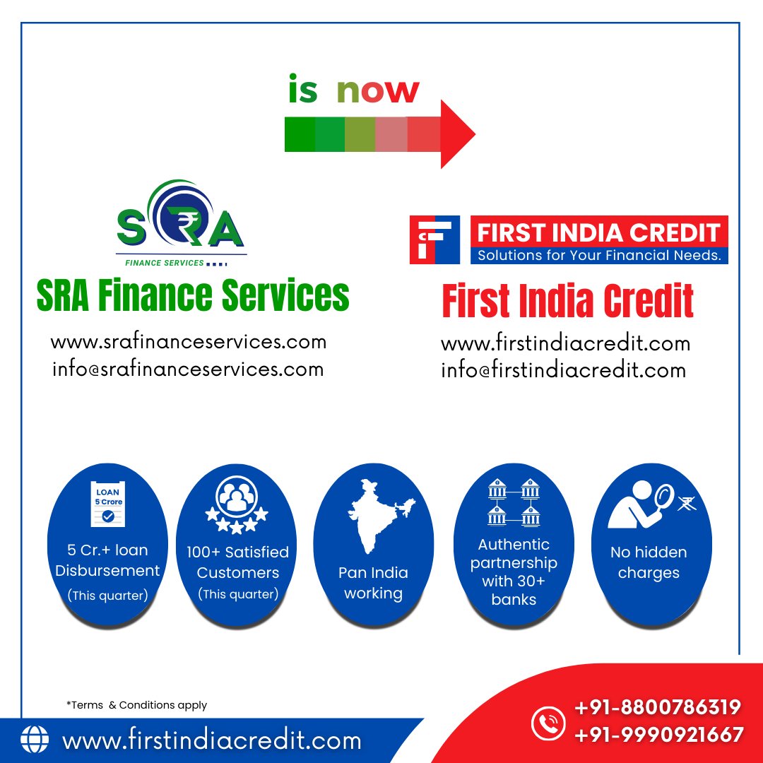 The company formerly known as SRA Finance Services is now officially rebranded as First India Credit.

#FirstIndiaCredit #CreditCards #LoanSolutions #FinancialPartner #SimplifiedFinance #EasyLoans #CreditMadeEasy