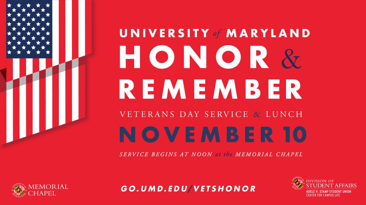Celebrate the contributions of UMD's veterans community through a program of music and spoken word on Fri., Nov. 10 at noon. Featured speakers are Frank Goertner from the Smith School of Business and Tillman Military Scholar Rebecca Patterson. #vetshonor #veterans #VeteransDay