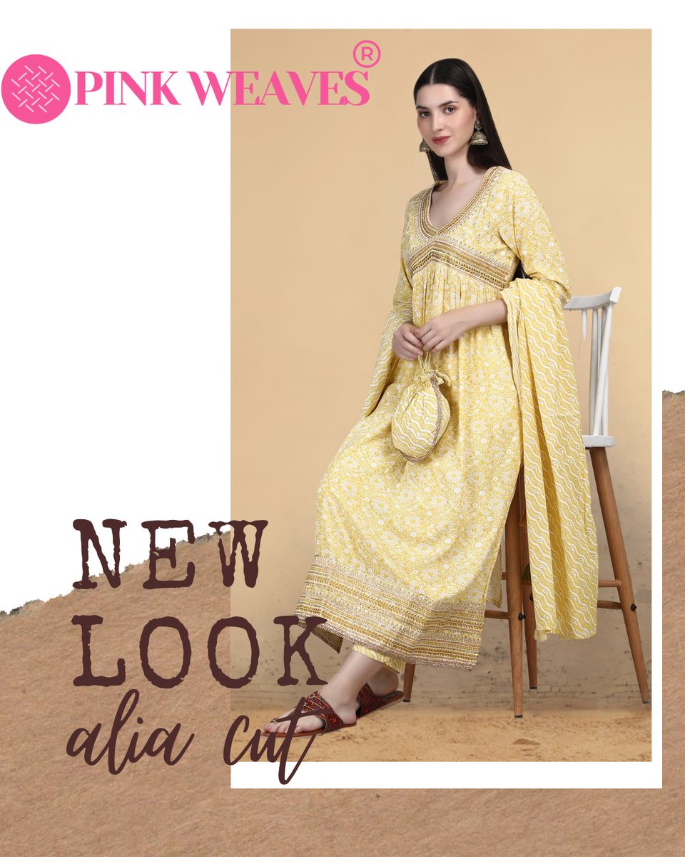 Introducing  our new yellow embroidered A-Line kurta set with fancy Potli.

#pinkweaves #pinkweavesapparels #clothingbrand #fashion #new #trending #NationalUnityDay