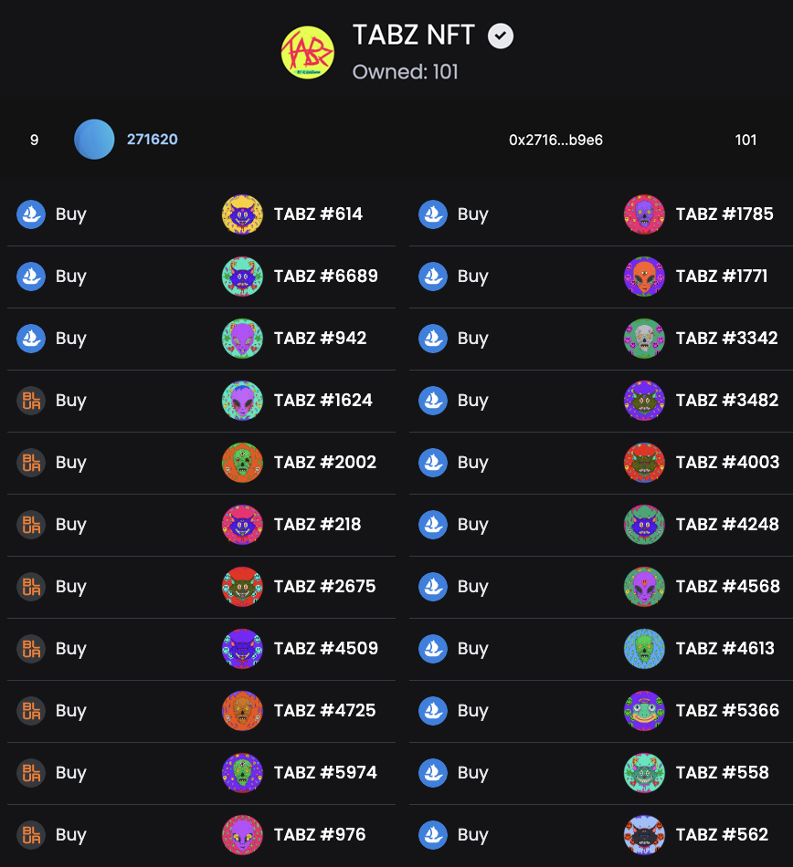 Another collector joins the 100 <a href="/TABZ_NFT/">TABZ</a> club with a huge sweep

Welcome <a href="/omb_nft/">O m B</a>, it's great to have your company 🥂

With today being snapshot day for 'The Visionary' by <a href="/ALIENQUEENNFT/">ALIENQUEEN</a> will we see another last minute entry to the club?