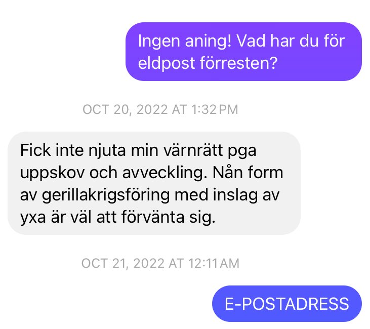 connyb's tweet image. Hahahah, äkta missförstånd då autocorrect ba’ 
”-Jaha: till eldställningar!!!” 🤪
#svfm #värnplikt #epost
