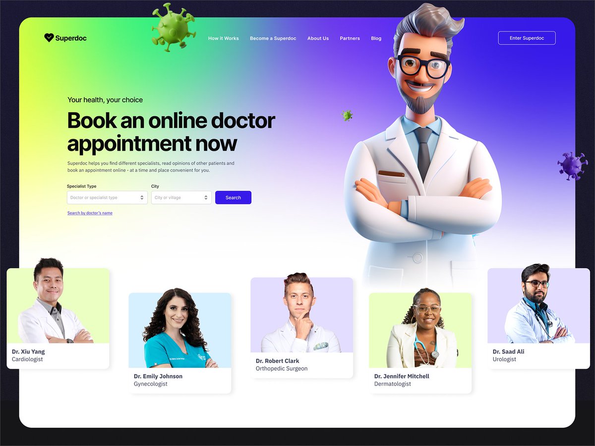 Superdoc | Homepage Redesign. Tools used: Figma, MidJourney, NounProject, Photoshop
