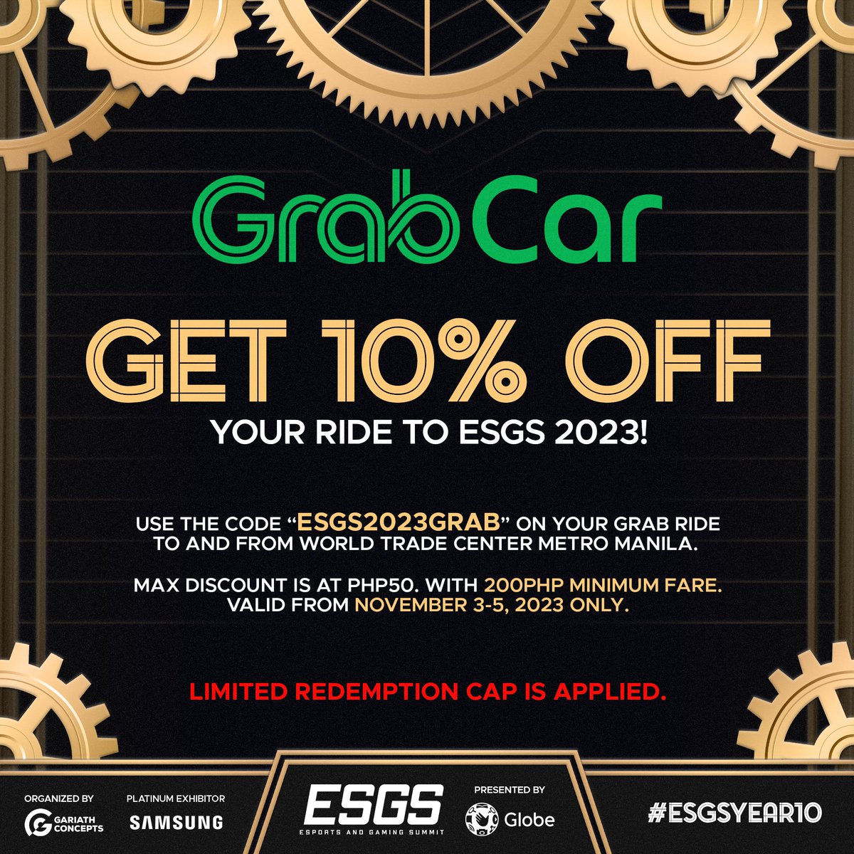 Go to ESGS with ease through Grab! Book your Grab ride and use the discount code ESGS2023GRAB to save up on your transpo for the day!

Get your Iron tickets now!
👉 slashevent.com/e/esgs-2023

#ESGSYear10