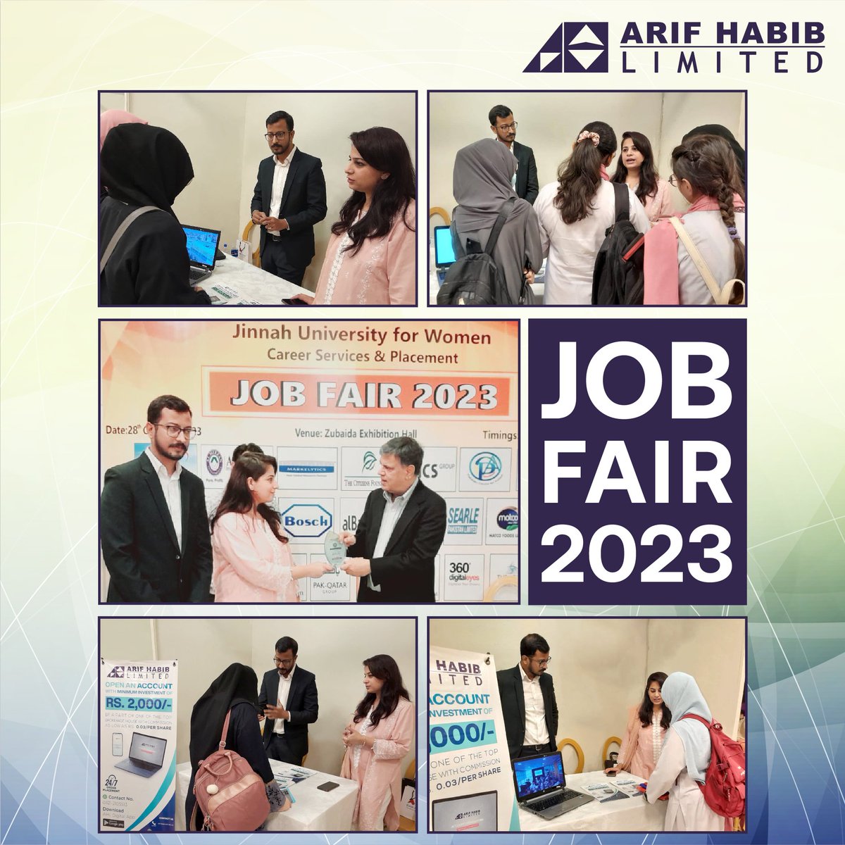 ArifHabibLtd's tweet photo. Career Fair held at Jinnah University for Women was a valuable and engaging opportunity for our team to connect with a wide range of students from various degree programs.

#CareerFair2023 #JUW #AHL #Pakistan https://t.co/JROF5ayWNb