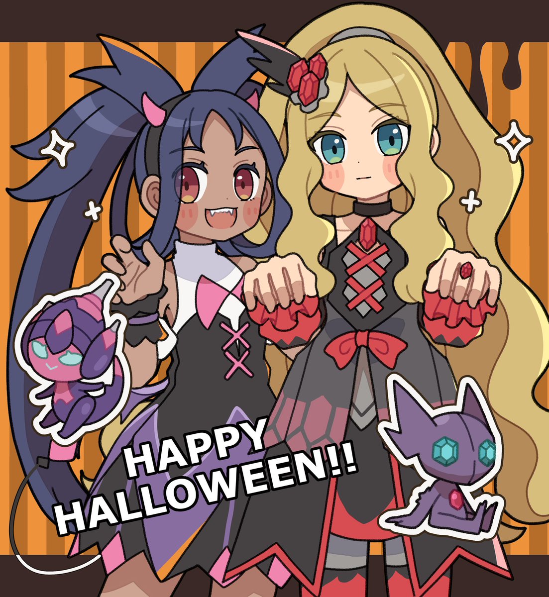 iris (pokemon) official alternate costume multiple girls 2girls blonde hair dress long hair happy halloween  illustration images