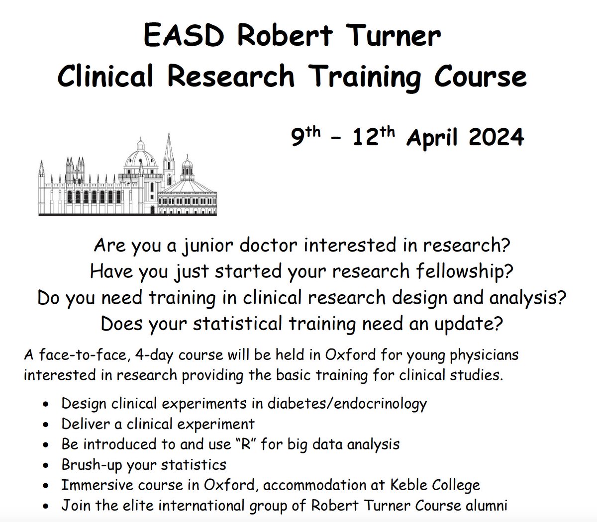 Great opportunity for researchers @EASDnews Robert Turner Clinical Research Training Course 9th – 12th April 2024 Details on how to apply: easd.org