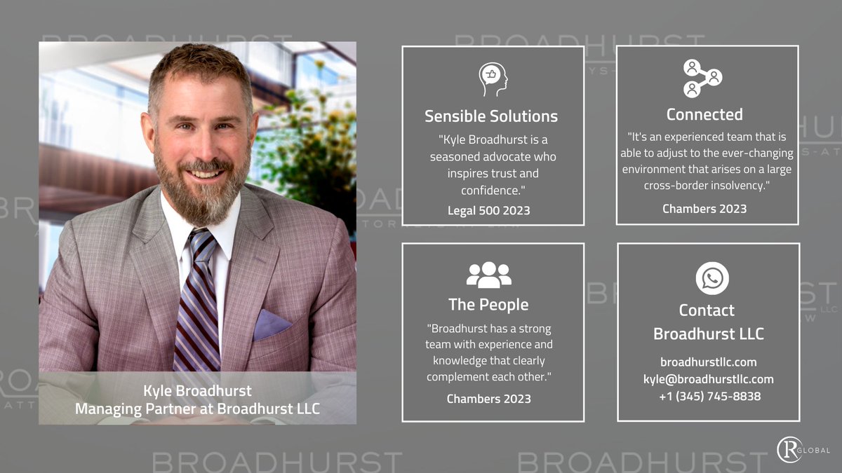 ir_global's tweet image. 👋Say hello to our Digital Partner, Kyle Broadhurst of Broadhurst LLC. 

Kyle Broadhurst has been practising law in the Cayman Islands since 2001 and is our exclusive advisor for Insolvency within the region.

👉 Visit the firm&apos;s website - broadhurstllc.com

#DigitalPartner