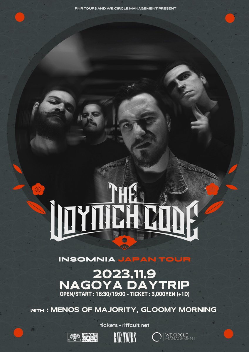 riffcult's tweet image. 【The Voynich Code Japan Tour 2023】

11月9日 (木曜日) : 名古屋・鶴舞DAYTRIP

チケット取り置き受付中!
tiget.net/events/278013

w/
Menos of Majority @mom_rcs
Gloomy Morning @GM_440

ニュー・アルバム『Insomnia』をチェックして、ぜひ遊びに来てください!

#来日 #TheVoynichCode
