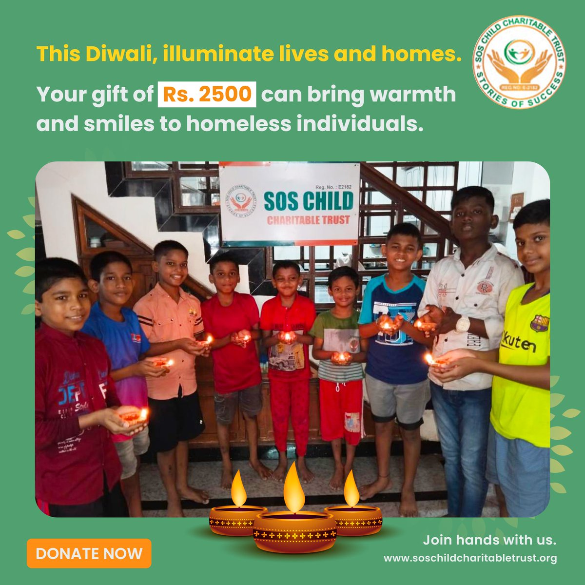 This Diwali, illuminate lives and homes. Your gift of Rs. 2500 can bring warmth and smiles to homeless individuals. 🪔💖 

#DiwaliGifts #SpreadLove #KindnessMatters #HomelessSupport #DonateForChange #LightUpHearts #Trust #SOS #TogetherWeCan #MakingADifference #HelpingHand