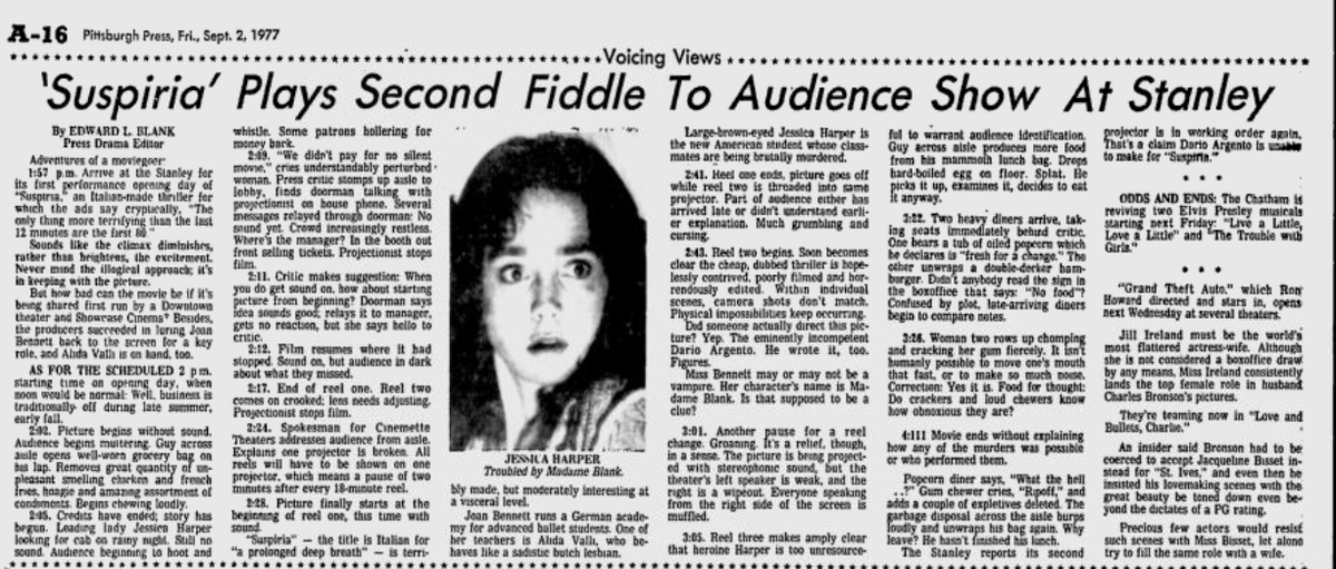 Joek72's tweet photo. Suspiria opened in Pittsburgh on Aug 31st 1977. Included is an Interesting Movie Review from The Pittsburgh Press on September 2nd 1977. #Suspiria #TCMTerrorThon #Pittsburgh #FilmTwitter #TCMParty https://t.co/rDh7qySRa2