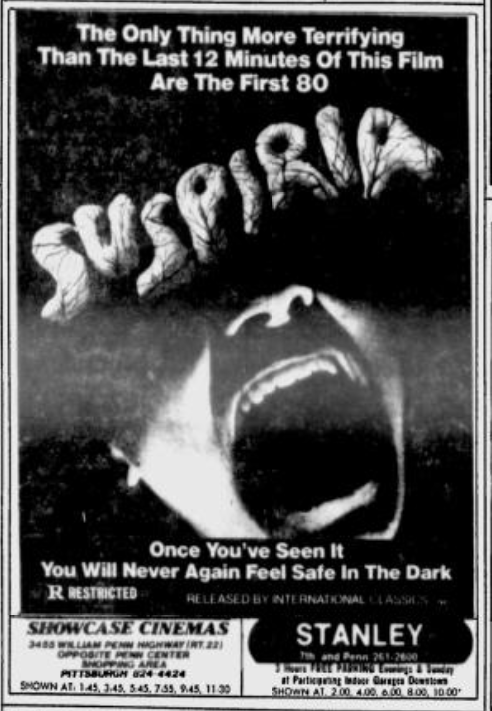 Joek72's tweet photo. Suspiria opened in Pittsburgh on Aug 31st 1977. Included is an Interesting Movie Review from The Pittsburgh Press on September 2nd 1977. #Suspiria #TCMTerrorThon #Pittsburgh #FilmTwitter #TCMParty https://t.co/rDh7qySRa2