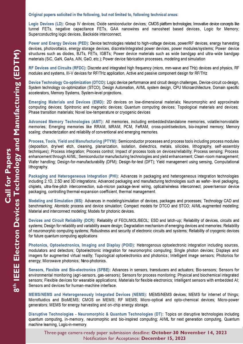 EDTM2024 (@edtm202460220) on Twitter photo 8th #IEEE #EDTM 2024 Call for Paper deadline extended from 30th October, 2023 to 14th November, 2023
<a href="/yogeshs36114738/">Yogesh S. Chauhan</a> , <a href="/MayankIISc/">Prof. Mayank Shrivastava</a>, <a href="/shubhamsahay93/">Shubham Sahay</a> 8th #IEEE #EDTM 2024 Call for Paper deadline extended from 30th October, 2023 to 14th November, 2023
<a href="/yogeshs36114738/">Yogesh S. Chauhan</a> , <a href="/MayankIISc/">Prof. Mayank Shrivastava</a>, <a href="/shubhamsahay93/">Shubham Sahay</a>