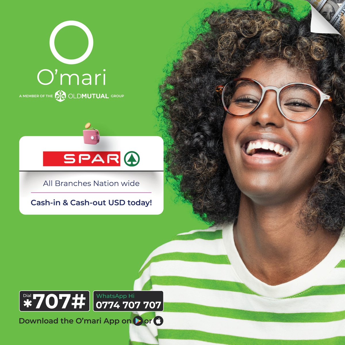 OmariZimbabwe's tweet photo. Great News!!! You can now Cash In &amp; Cash Out USD with O’mari at SPAR Zimbabwe stores nationwide 
*707# #Omari #JointheCircle https://t.co/hbxorTRmb5