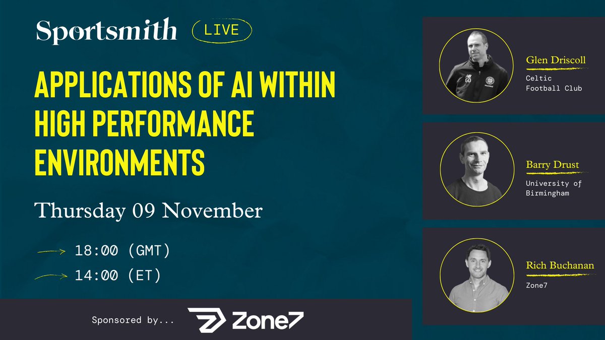 We are delighted to be able to partner with @Zone7ai for this roundtable alongside @BARRYD22, Glen Driscoll from @CelticFC and Rich Buchanan. 📅Thursday 09 Nov ⌚️18:00 GMT 💰 FREE 📽️Priority access to recording for those that register sportsmith.co/live/applicati…