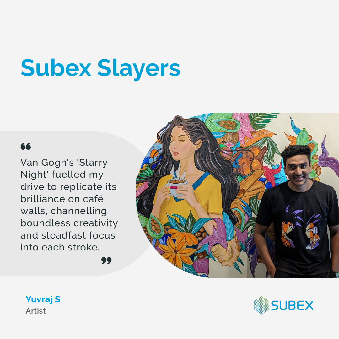subex's tweet photo. Introducing Yuvraj S, a Taekwondo champion and vibrant mural artist. From 6th-grade novice to DAN 1 Black Belt holder, his journey inspires. Yuvraj's advice for newcomers: open mind, patience, dedication.
Here's to Yuvraj's ongoing success!
#LifeAtSubex #Subexian #SubexSlayers https://t.co/1Bnp73800B