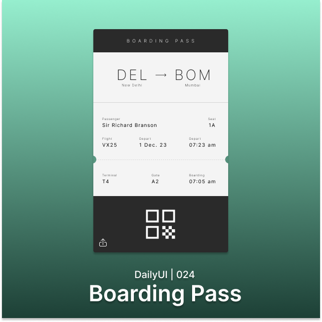 ashishasarii's tweet photo. Day 24/100 of the #DailyUI 🚀

Designed a boarding pass for a flight using Figma. I focused on creating a simple and user-friendly interface that makes it easy for passengers to find the information they need, such as their gate number, seat assignment, and flight status. https://t.co/ip7FXfRIow