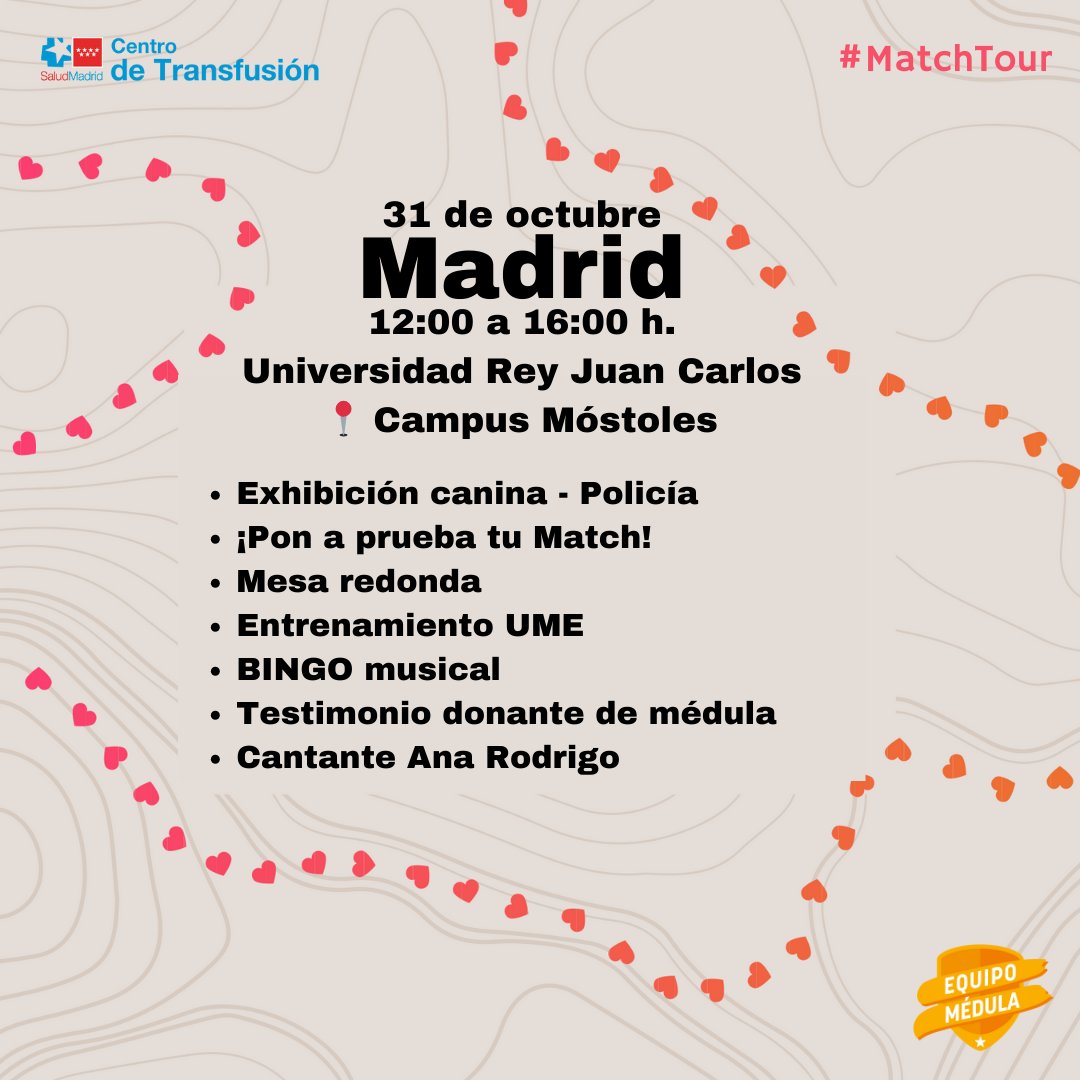 EquipoMedula's tweet photo. https://t.co/9egdzxmzPx
Hoy es el día. Te esperamos en el Match Tour en Madrid. Dona médula en el Campus de Móstoles, Universidad Rey Juan Carlos, de 12 a 16 h. ¡Tu ayuda puede salvar vidas!
#MatchTour #EquipoMédula @ONT_esp @fcarreras #UnMatchxUnaVida #DonaMédula https://t.co/LPn9DrYIHa