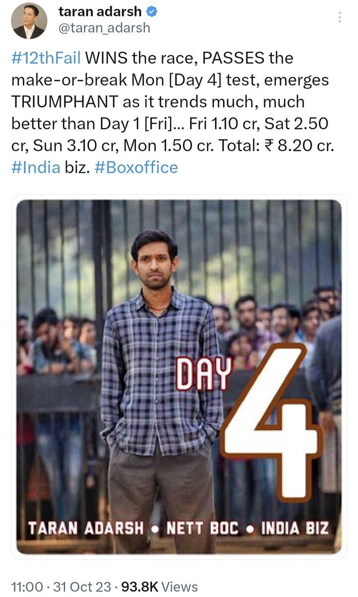 imfilmycom's tweet photo. What an impactful video this is. @KanganaTeam appealed to people to visit theatres and watch movies. People listened to #KanganaRanaut 

Cinegoers started going to the theatres but ignoring #Tejas and watching #12thFail 🤪 https://t.co/CUtrmSsuAe