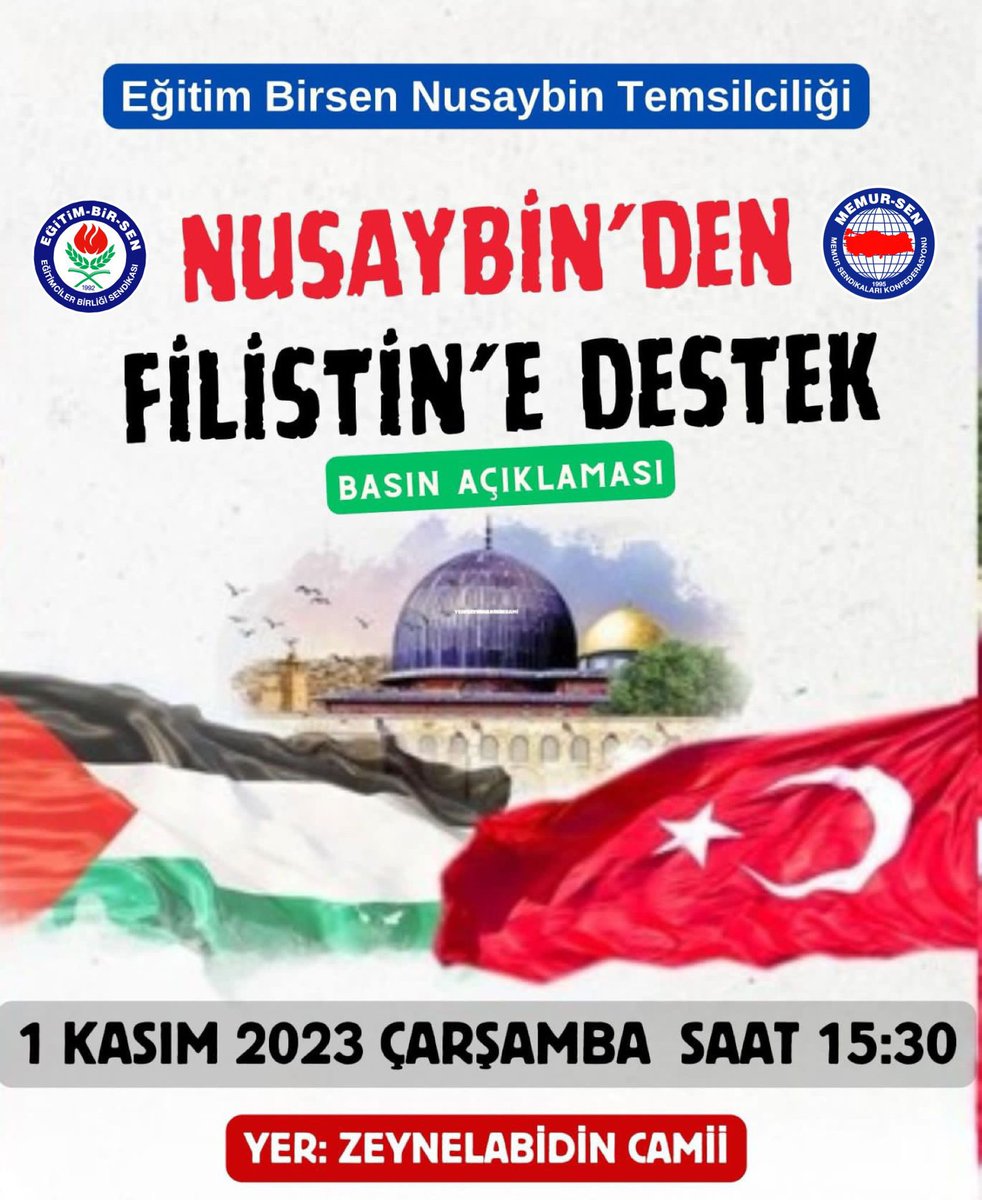 Filistin’e selam, direnişe devam✋

        SOYKIRIMA  HAYIR!
        FİLİSTİNE  DESTEK
        SİYONİZME LANET
      ▪️BASIN AÇIKLAMASI ▪️
🗒️ :1 Kasım /Çarşamba
⏱️ :15.30
📍 : Zeynelabidin Camii

<a href="/EgitimBirSen/">Eğitim-Bir-Sen</a> 
<a href="/_aliyalcin_/">Ali YALÇIN</a> 
<a href="/aselamdemir47/">Abdulselam DEMİR</a> 
<a href="/KavakSafak/">Safak Kavak</a>