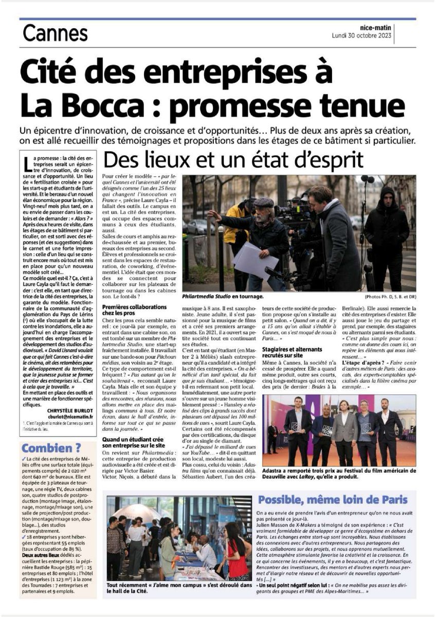 [PRESSE] 🗞 🎦 Ouverte il y a un peu plus de 2 ans au cœur du Campus G. Méliès, la Cité des entreprises #BastideRouge accueille aujourd'hui 18 entreprises (taux d'occup : 89%) sur + de 2000 m², favorisant les échanges avec les étudiants. Ce succès est à lire dans @Nice_Matin ⤵️