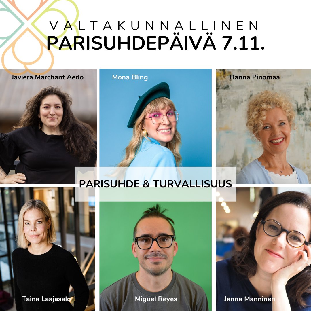 Ensi viikolla mennään! Järjestömme <a href="/Kataja_ry/">Väestöliiton Parisuhdekeskus Kataja</a> Valtakunnallinen parisuhdepäivä tärkeästä Parisuhde ja Turvallisuus -teemasta!Upeat luennoitsijat: Taina Laajasalo,Mona Bling,Hanna Pinomaa,Javiera Marchant Aedo,Janna Manninen ja Miguel Reyes! <a href="/TainaTuLa/">Taina Laajasalo</a> <a href="/JannaRantala/">Janna Manninen</a> @kantsu42