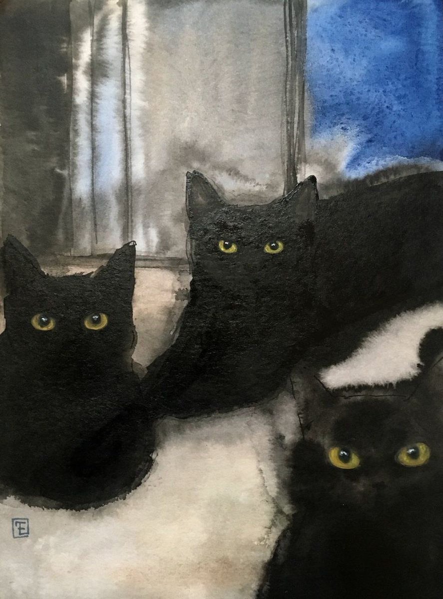 In the folklore of many countries black cats were often thought of as the familiars of witches (aka non-conforming, wise women). Painting by Eva Fialka.... #Samhain #Halloween