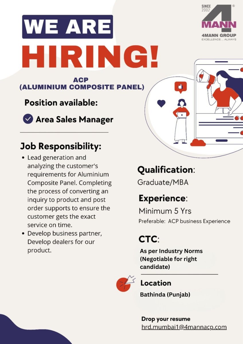 4mannindustries's tweet photo. Position: Area Sales Manager - Bathinda (Punjab) Location (ACP Business experience Mandatory) interested candidates kindly share your resume on 
hrd.mumbai1@4mannacp.com https://t.co/C1BcweYhkn