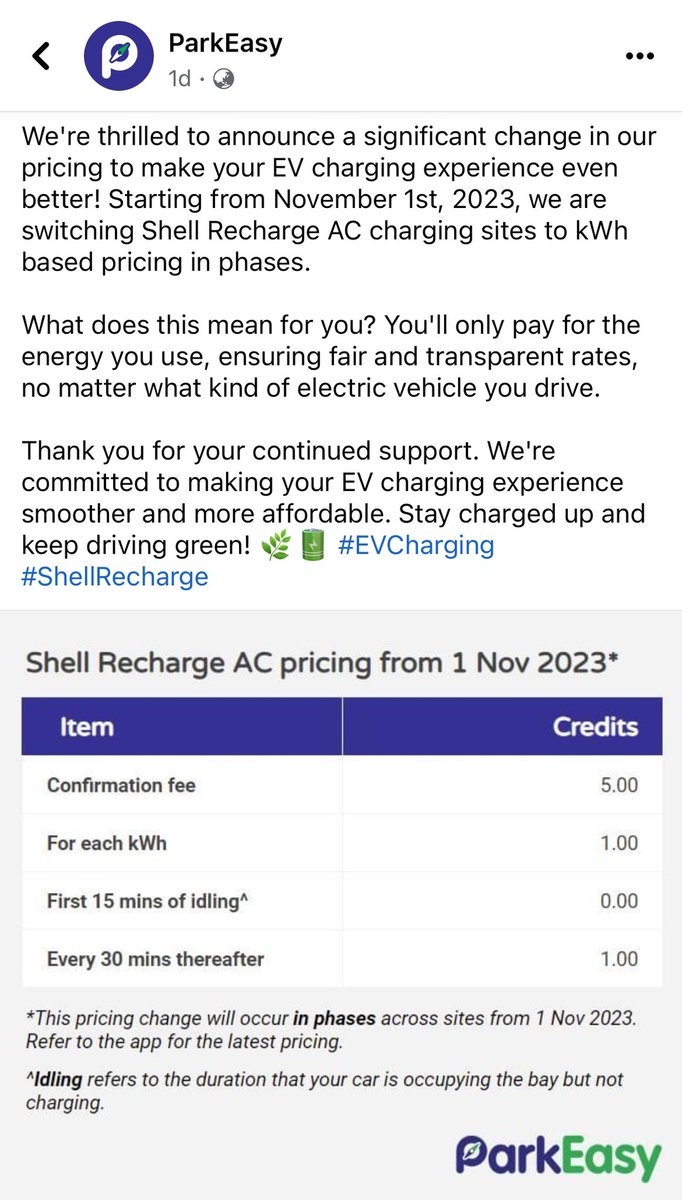ev_club's tweet image. ParkEasy / Shell Recharge updating their AC charging prices Nov 1, 2023