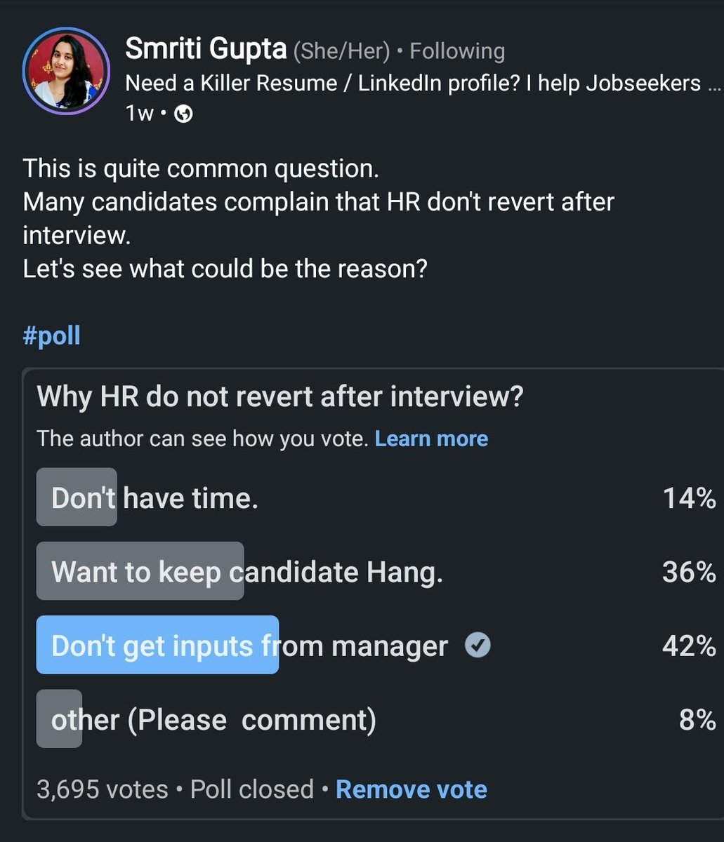 Recent @LinkedIn poll shows 42% believe HRs don't revert post-interview due to lack of inputs from managers. 

What solutions can bridge this communication gap? Share your thoughts! #Recruitment101

#HRCommunication #PostInterviewFeedback #BridgingTheGap #CandidateExperience