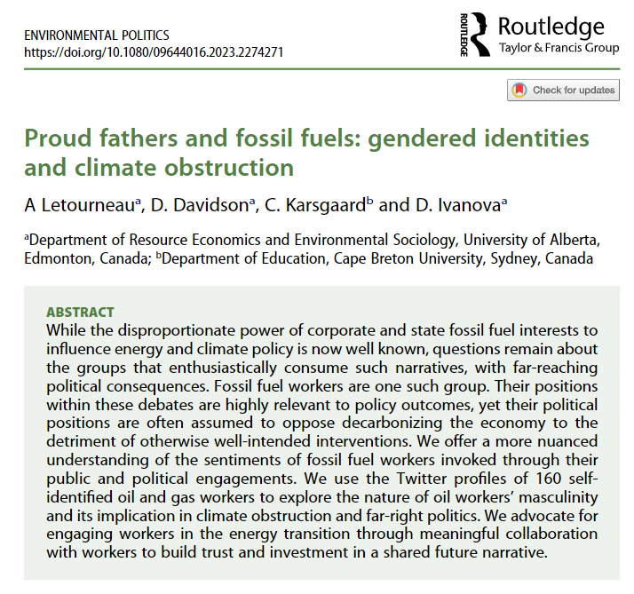 Environmental Politics (@env_pol) on Twitter photo New article!
'Proud fathers and fossil fuels: gendered identities and climate obstruction' by A Letourneau, D. Davidson, C. Karsgaard & D. Ivanova.
@djcdiem <a href="/AngelineLetour1/">Angeline Letourneau</a>
#gender #masculinity #climateobstruction
tandfonline.com/doi/full/10.10… New article!
'Proud fathers and fossil fuels: gendered identities and climate obstruction' by A Letourneau, D. Davidson, C. Karsgaard & D. Ivanova.
@djcdiem <a href="/AngelineLetour1/">Angeline Letourneau</a>
#gender #masculinity #climateobstruction
tandfonline.com/doi/full/10.10…