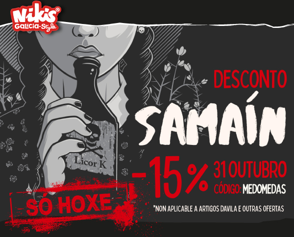 Samaín con desconto do 15% en web e tendas Nikis Galicia Style.
Só por hoxe. 
Bule que voan... 

Código: MEDOMEDAS