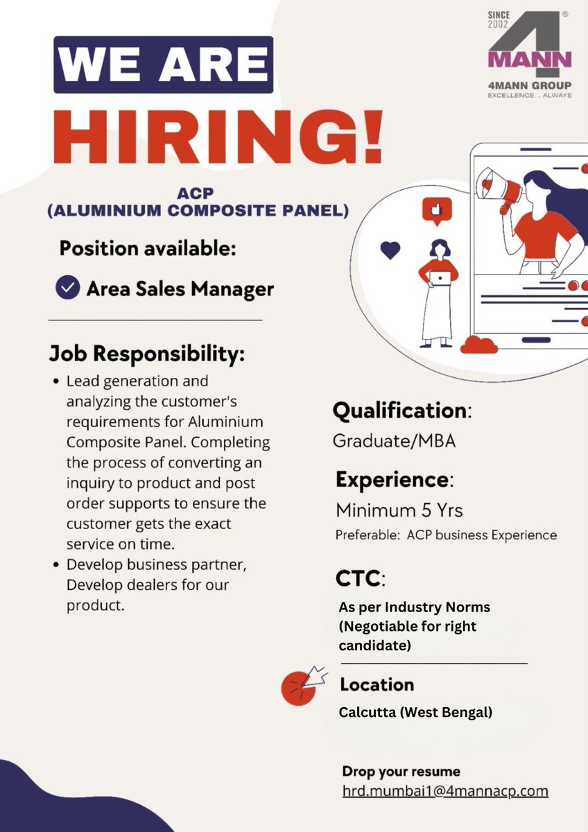 4mannindustries's tweet photo. Position: Area Sales Manager - Calcutta (West Bengal) Location (ACP Business experience Mandatory) interested candidates kindly share your resume on  hrd.mumbai1@4mannacp.com https://t.co/Kexo08KJkx