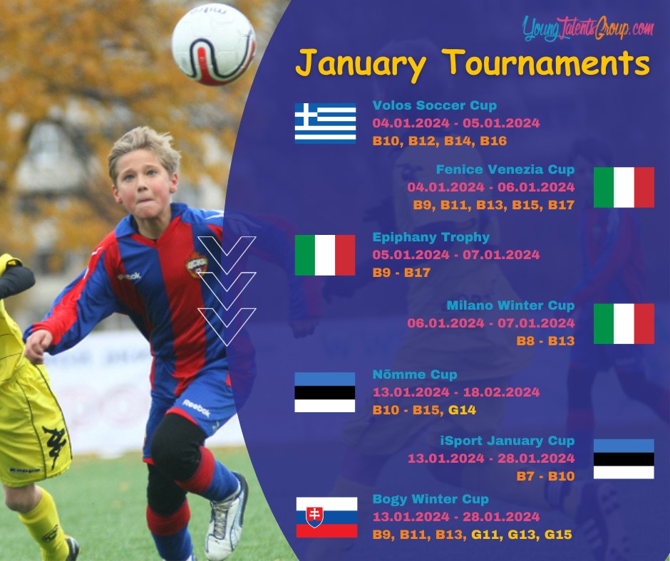 YTGroup_com's tweet photo. Get ready to kick off the new year with a bang as January brings some exciting football tournaments!
For more detailed information visit our website

#ytg_com #kidsfootball #football #soccer #sports #footballcompetiton #kidsfootballtourmament #FootballTournaments #JanuaryFootball https://t.co/KoVYopDqw5