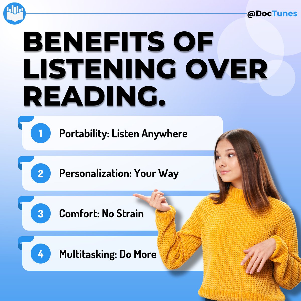 DocTunes_io's tweet photo. Cultivating the Art of Listening  Did you know that listening can offer unique advantages in learning and comprehension? With DocTunes, dive into the world of audiobooks and experience the benefits of aural learning. Let's embrace the  power of listening with DocTunes. 🌟📚 https://t.co/F6iT8pqzma