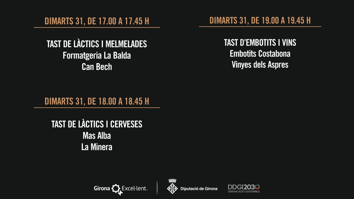 🍽 Aquesta tarda seguim amb els tasts de productes de #GironaExcellent. 

✅Són gratuïts!

😉 Veniu a tastar els millors productes de les #comarquesgironines. 

⏰A partir de les 17h
📍<a href="/firagirona/">firagirona</a>

Aquí tota la programació👉firademostres.firagirona.com/activitats/