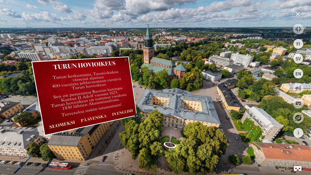 tuomioistuimet's tweet photo. Turun hovioikeus täyttää tänään 400 vuotta. Sen kunniaksi pääset tutustumaan Turun hovioikeuden historialliseen rakennukseen virtuaalisesti. Kiertele upeissa tiloissa sekä opi hovioikeudesta ja sen historiasta täällä: https://t.co/FQlh1uLZr8 #Hovioikeus #Turku https://t.co/1Yq1d40EPx
