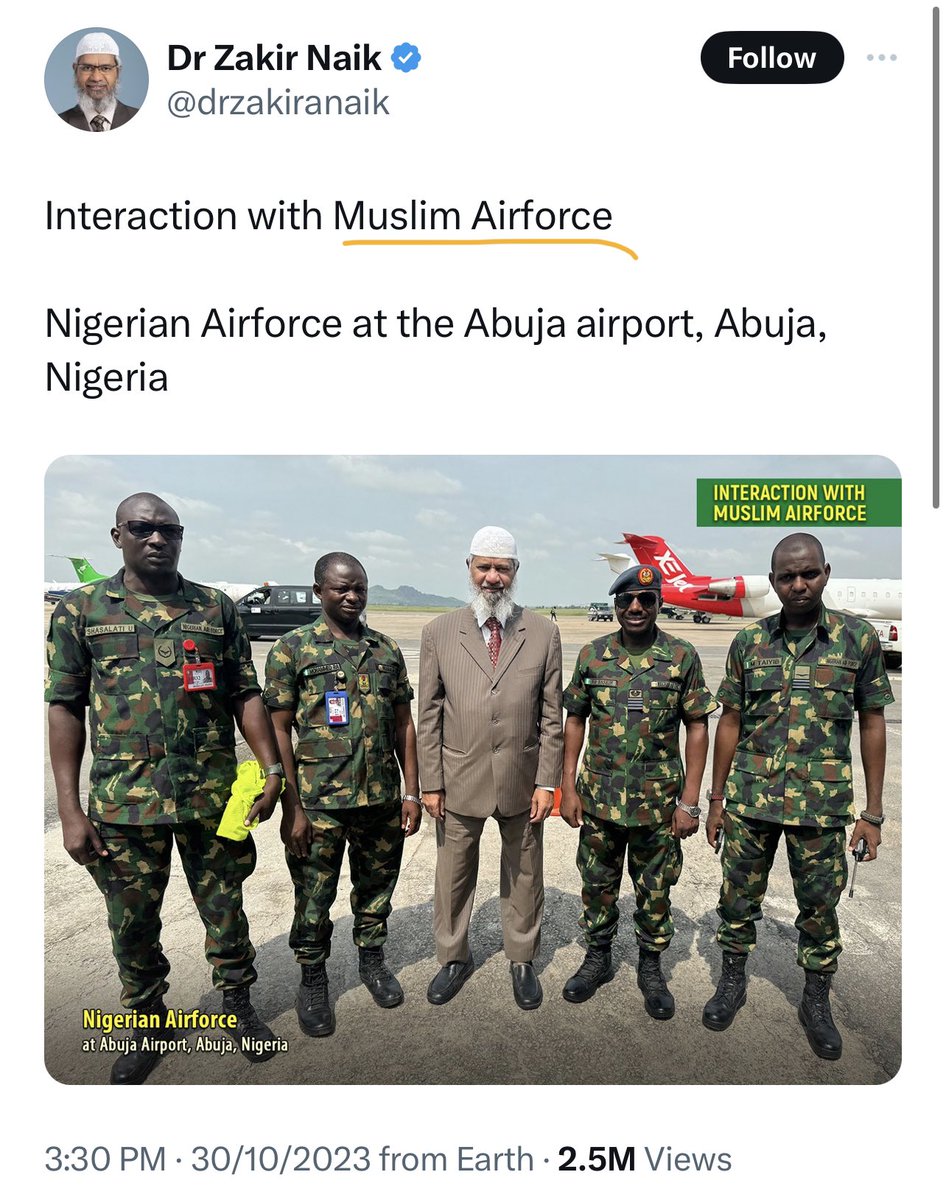 jpsoge's tweet photo. So, Dr Naik, the Islamic hate preacher and provocateur, banned from many countries because of his inciting speeches, is now in Nigeria give speeches. He already began with his controversial posts.

May God help keep the fragile religious peace we still have for now. https://t.co/ZIUl6fYw3r