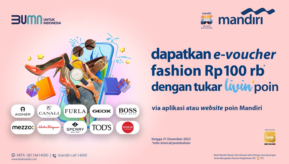 bankmandiri's tweet photo. Makin stylish dengan fashion terkini! Tuker #Livinpoin buat belanja fashion item bisa dapet e-voucher Rp100 ribu.
Buruan tukerin sekarang lewat website atau aplikasi Poin Mandiri.
Berlaku hingga 31 Desember 2023. Cek selengkapnya di https://t.co/inKJMIh5Du
#mandiripromo https://t.co/nscqWilK4U
