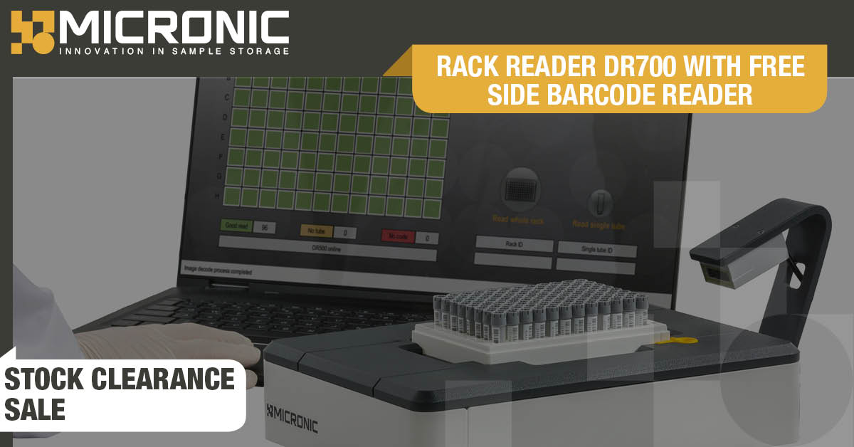 Take advantage of the #clearancesale of the #Micronic Rack Reader DR700 and side barcode reader! The #rackreader is a #codereader that reads racked tubes in 7 seconds and a single tube in less than 2 seconds. Request a quote now! ow.ly/ekpy50Q10XL