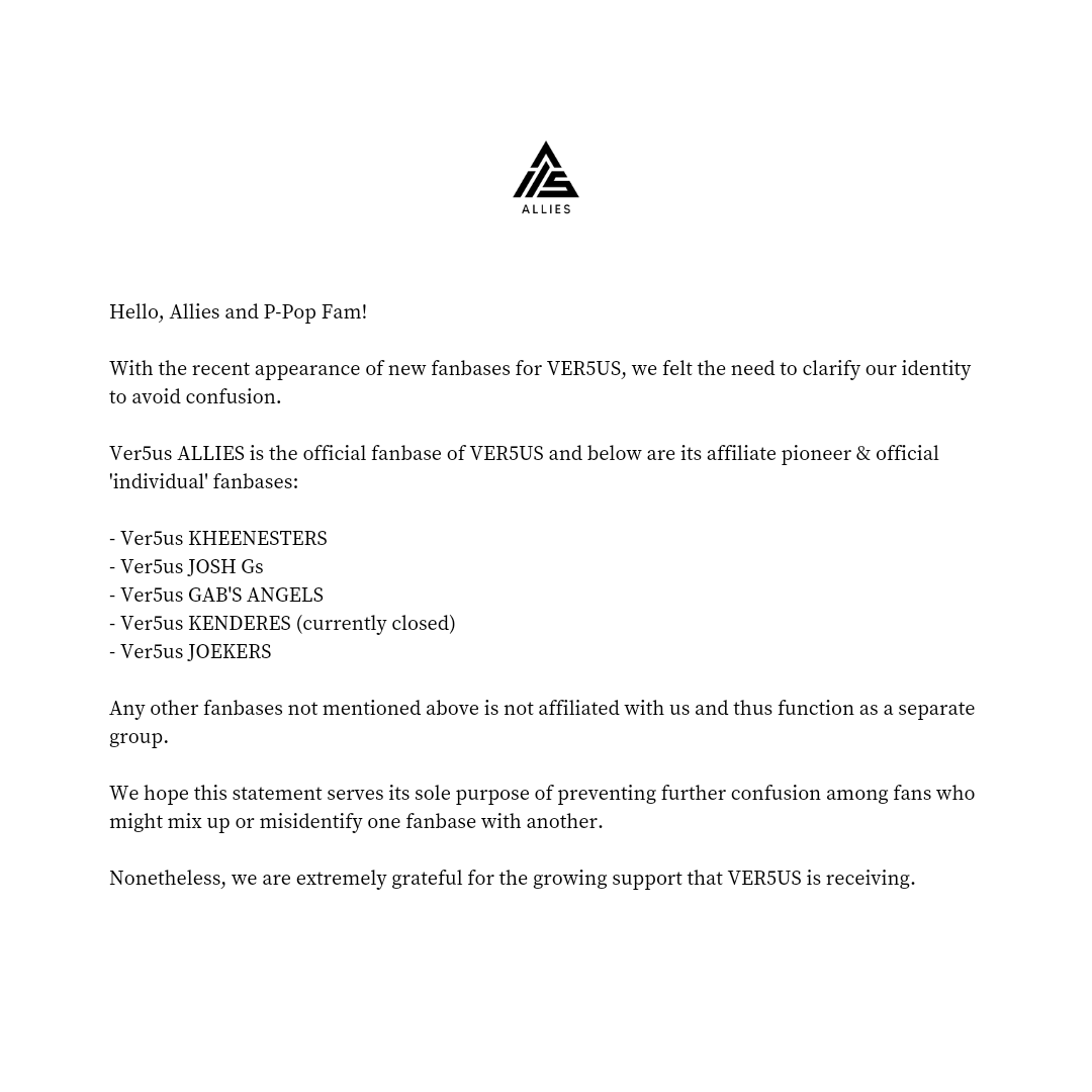 Hi everyone! Here's a reminder about VER5US' official fanbase and its affiliate 'individual' fanbases, in relation to the inquiries that we have recently received.