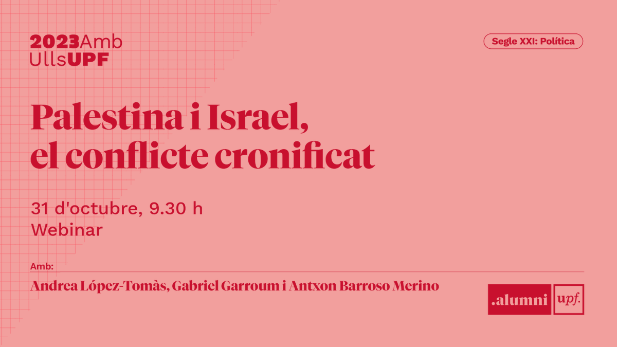 alumniUPF's tweet photo. 🔴 Avui analitzarem el conflicte entre Palestina i Israel amb els #alumniUPF els #alumniUPF @andrelopeztomas, @GabrielGarroum i Antxon Barroso Merino en un nou webinar del cicle #2023AmbUllsUPF.

Obrim fil en directe de la sessió 🧶 https://t.co/JVaebvcvr6