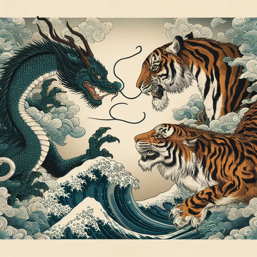 05gpt05's tweet photo. 浮世絵風にしたら虎が増えた🐯🐯
#DALLE3 https://t.co/KbUZn9XTYZ