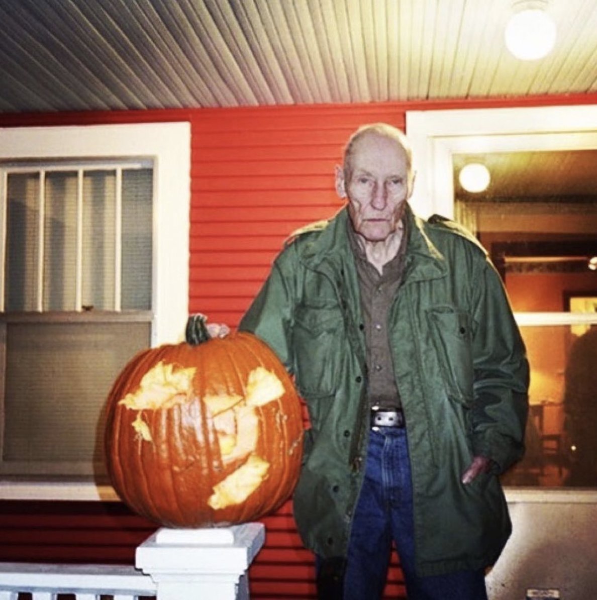 William S. Burroughs with a pumpkin he carved with a hatchet, 1996 #WilliamBurroughs #Halloween