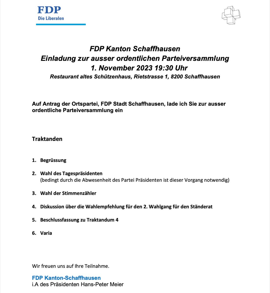 Die FDP Schaffhausen lädt die Medien zur ausserordentlichen Parteiversammlung ein, wo die Querelen um die Ständeratswahl diskutiert werden. Nach Traktandum 3, Wahl des Stimmenzählers, müssen die Medien aber wieder gehen. #transparenz