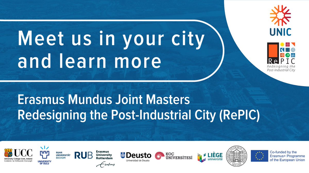 📢 Attn future urban visionaries!

Applications for the 2024 admission period for our MSc in Redesigning the Post-Industrial City (RePIC) will officially open on November 1, 2023. 📆

Mark your calendars, and join us "on tour" at a study fair near you: unic.eu/en/repic