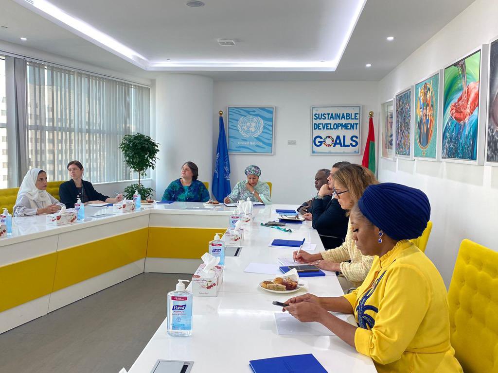 unwomenuae's tweet image. United Nations directors in the UAE had the pleasure today of meeting @AminaJMohammed , Deputy Secretary-General of the United Nations at #PreCOP to discuss the priorities and efforts of the United Nations organizations in @COP28_UAE