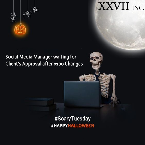 Twenty7Inc's tweet photo. PR Agency by day, Halloween Enthusiast by night! 🎃👻📱#happyhalloween
.
.
Follow @Twenty7Inc
.
.
#halloween #happyhalloween🎃 #pragency #socialmedia #socialmediamarketing #marketing #client #postoftheday #approval #socialmediamanager #marketingagency #relatable #postoftheday https://t.co/4bl4LvDEQD